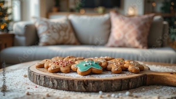 Obraz Freshly Baked Gingerbread Cookies Decorated with Icing and Sprinkles on a Rustic Wooden Table in Cozy Home