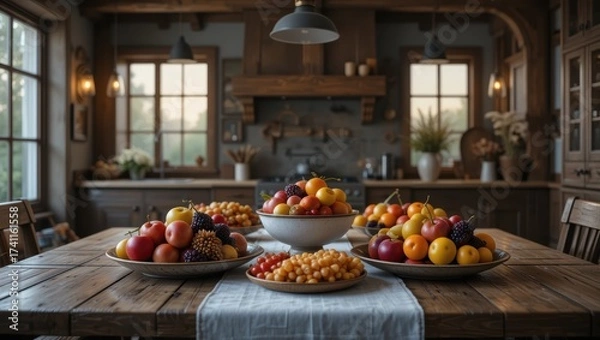 Obraz Colorful Arrangement of Fresh Fruits on a Wooden Dining Table in a Rustic Kitchen Interior