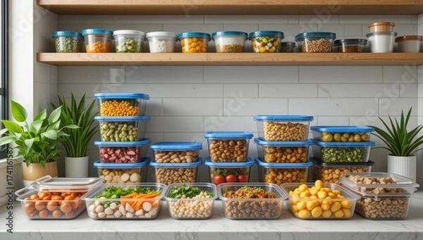 Obraz Colorful Array of Food Storage Containers with Fresh Vegetables and Fruits in Modern Kitchen