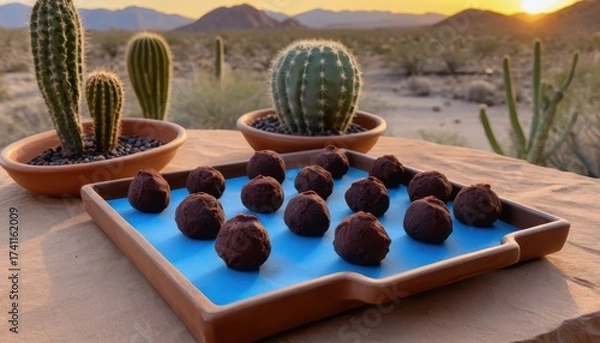 Obraz Chocolate Truffles Displayed on Blue Platter Surrounded by Cacti in Arizona Desert at Sunset
