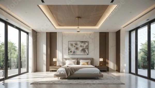 Obraz Modern Minimalist Bedroom Design with Large Windows and Natural Light Overlooking Scenic Landscape