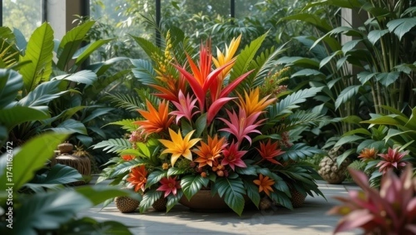 Obraz Vibrant Tropical Flower Arrangement Surrounded by Lush Greenery in Indoor Garden Setting