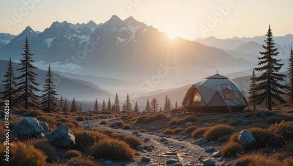 Obraz Scenic Mountain Sunset with Dome Tent in Wilderness Landscape with Tall Pines and Rocky Terrain