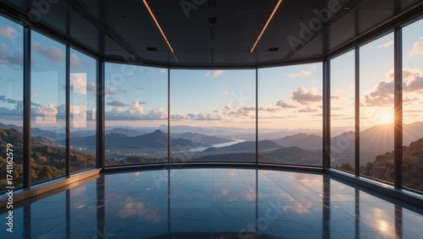 Obraz Panoramic View of a Serene Sunset over a Countryside Landscape from a Modern Glass Building