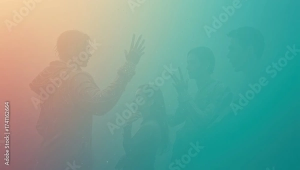 Obraz Group of Young People Engaged in Communication with Silhouettes in Colorful Foggy Atmosphere