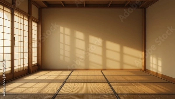 Obraz Minimalist Japanese Interior Design with Wooden Floor and Soft Natural Light Shining Through Windows