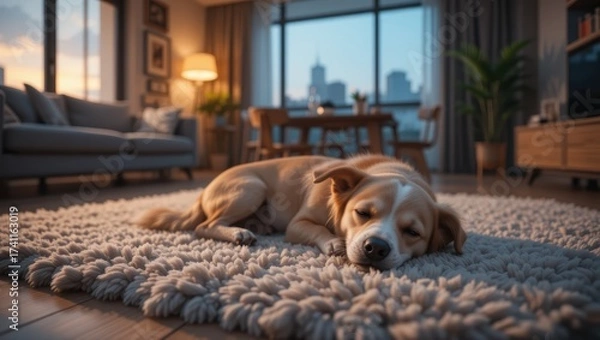 Obraz Relaxed Dog Sleeping on a Soft Rug in Cozy Living Room with Cityscape View at Sunset