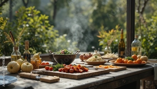 Obraz Culinary Preparation with Fresh Ingredients on Wooden Table Surrounded by Lush Garden Ambiance