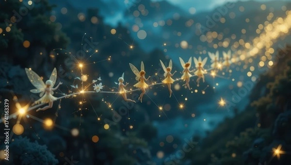 Obraz Whimsical Fairies Light Up a Mystical Forest Journey with Sparkling Magic at Night