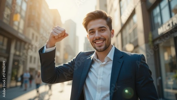 Obraz Young Man Smiling and Celebrating Success in a Bustling Urban Environment at Sunset