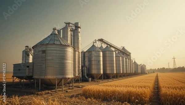 Obraz Grain Silos Surrounded by Golden Wheat Fields Under a Clear Sunset Sky in Rural Landscape
