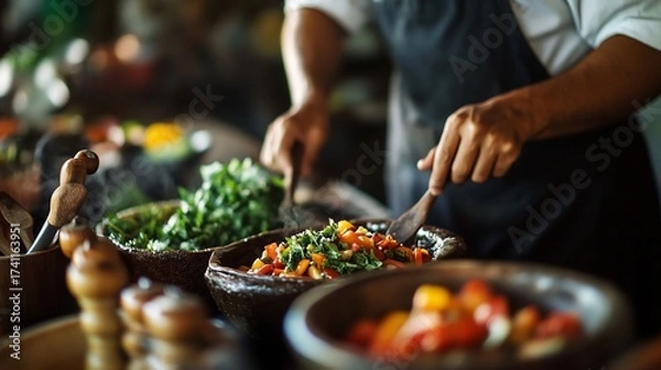 Obraz Chef Preparing Vegetables in Kitchen