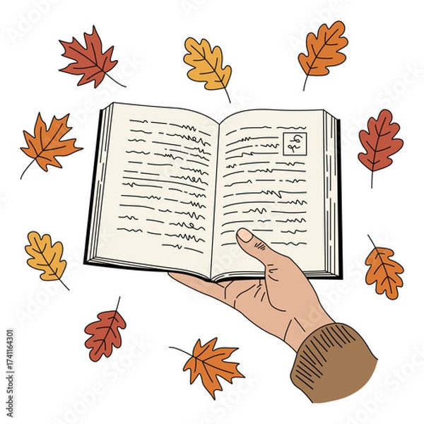 Fototapeta hand holding an open book and surrounded by autumn leaves doodle, cozy reading sketch