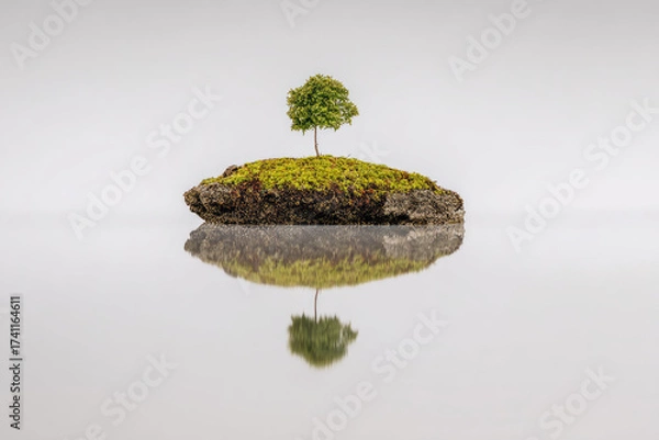 Fototapeta Tiny island single tree floating white background reflection minimal nature tranquility isolated peaceful. small green island with one tree floats above white reflective surface creating calm
