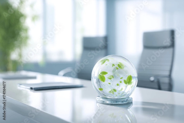 Fototapeta Transparent globe with floating green eco symbols, leaves, and bubbles on modern office desk, symbolizing sustainability, clean energy, and environmental awareness in corporate setting