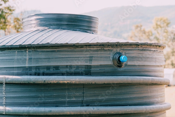 Fototapeta Black plastic water tank capturing and storing rainwater for conservation in a rural setting, promoting sustainable water use