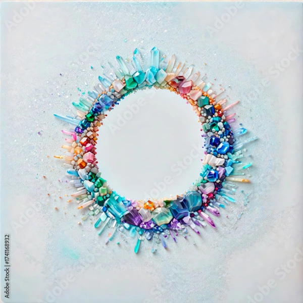 Fototapeta Circular Frame of Scattered Colorful Crystals on a Light Textured Background