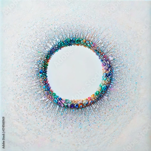 Fototapeta Circular Frame of Scattered Colorful Crystals on a Light Textured Background