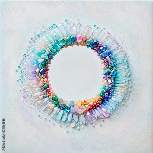 Fototapeta Circular Frame of Scattered Colorful Crystals on a Light Textured Background