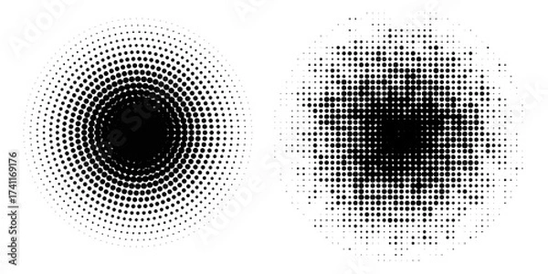 Fototapeta Halftone circle dotted frame circularly distributed set. Abstract dots logo emblem design element. Round border Icon using random halftone circle dot texture.