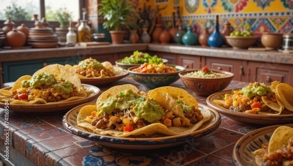 Fototapeta Vibrant Spread of Tacos with Fresh Ingredients and Colorful Salads on a Decorated Dining Table