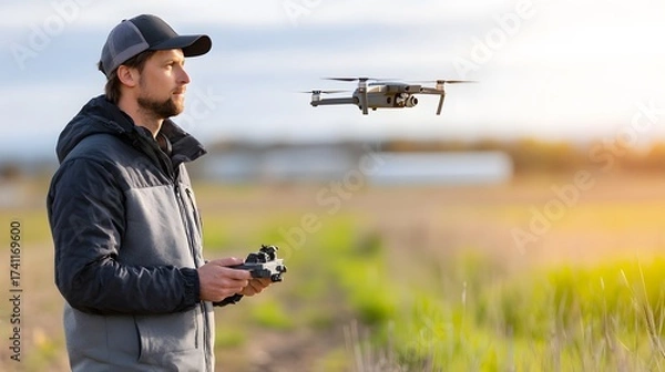 Fototapeta Man Operating Drone in Open Field During Golden Hour with Soft Sunlight and Clouds