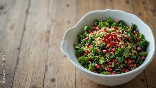 Fototapeta Nutritious Kale and Quinoa Salad with Pomegranate Seeds in a White Bowl on a Wooden Table