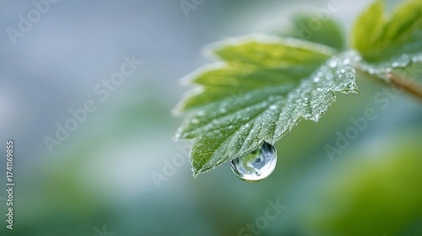 Fototapeta Closeup of Dew Droplet on Fresh Green Leaf in Soft Natural Light with Gentle Blur Background