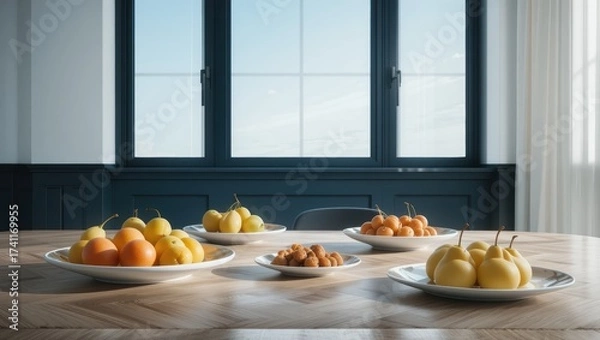 Fototapeta Assorted Fresh Fruits Displayed on Elegant Plates on a Wooden Table with Natural Light