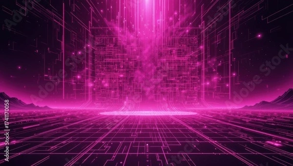 Fototapeta Abstract Digital Technology Background with Neon Pink Lights and Geometric Patterns in a Futuristic Space