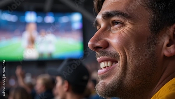 Fototapeta Man Smiling with Excitement During Sports Event in a Packed Stadium Celebrating Victory
