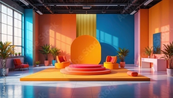 Fototapeta Vibrant Modern Interior Studio Space with Colorful Geometric Design and Natural Light Elements