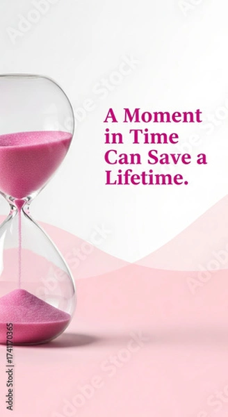 Fototapeta Pink sand hourglass on pink backdrop. A symbolic image of time and health. Early detection, proactive health, reminder message. World Breast Cancer Day