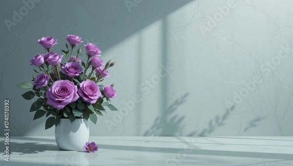 Fototapeta Elegant Bouquet of Purple Roses in a White Vase Casting Shadows on a Soft Green Background