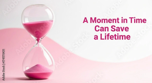 Fototapeta Pink sand hourglass on pink surface with text. A conceptual shot of awareness and urgency. Early detection, save lives, routine checkups. World Breast Cancer Day