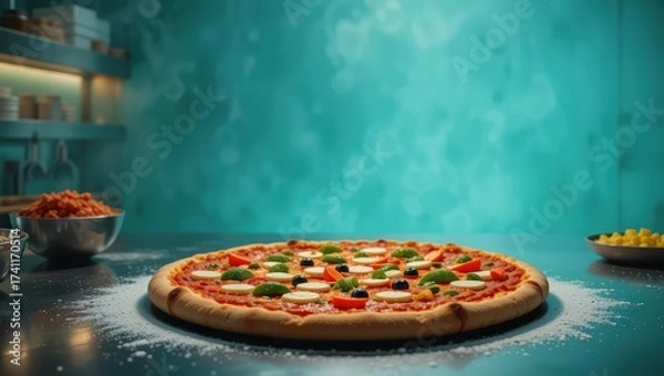 Fototapeta Delicious Freshly Made Pizza With Colorful Vegetables On A Rustic Kitchen Table