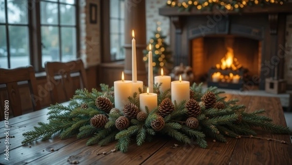Fototapeta Elegant Holiday Table Arrangement with Candles and Pinecones in a Cozy Fireside Setting