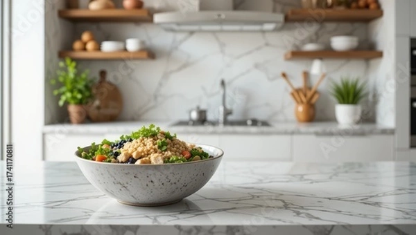 Fototapeta Fresh and Colorful Salad in a Bowl on a Marble Kitchen Countertop with Modern Design