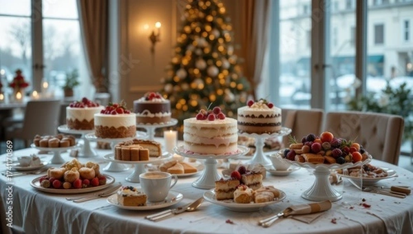 Fototapeta Elegant Dessert Table Display with Various Cakes and Pastries Surrounded by Holiday Decorations