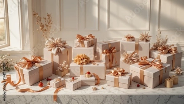 Fototapeta Elegant Display of Wrapped Gifts with Ribbons and Floral Arrangements on a Marble Table