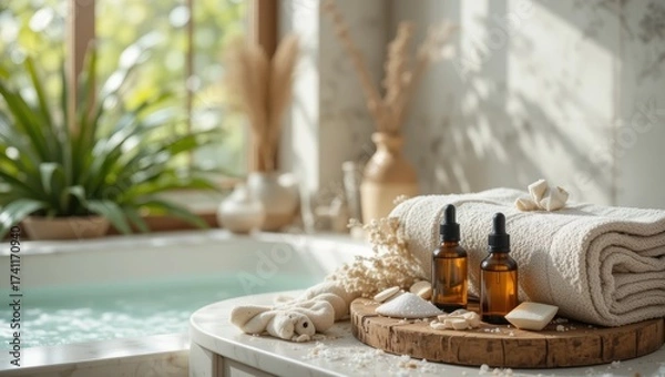 Fototapeta Serene Spa Setting with Essential Oils and Textured Towels Beside Relaxing Bathtub in Sunlit Room
