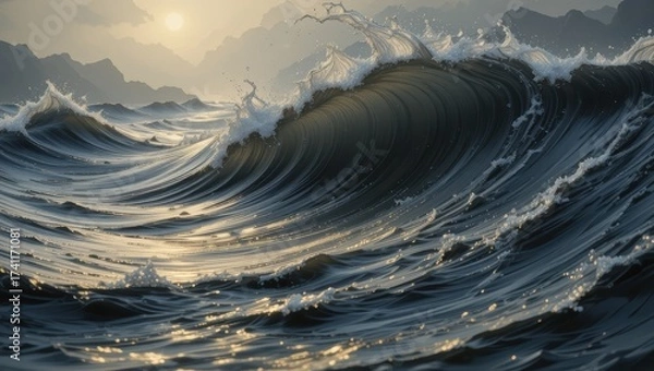Fototapeta Golden Sunlight Reflecting on Powerful Ocean Waves at Dawn with Distant Mountains and Mist