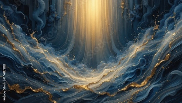 Fototapeta Ethereal Abstract Waves with Golden Glow and Serene Light Cascading Down in a Mystical Atmosphere