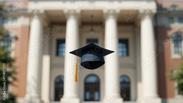 Fototapeta Graduation Cap Floating in Front of Historic University Building on a Bright Sunny Day