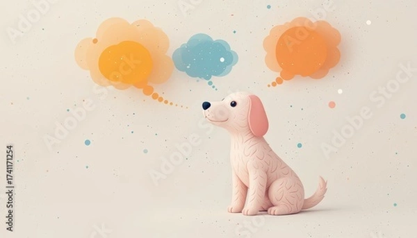 Fototapeta Cute Cartoon Dog with Colorful Thought Bubbles in a Whimsical and Playful Illustration