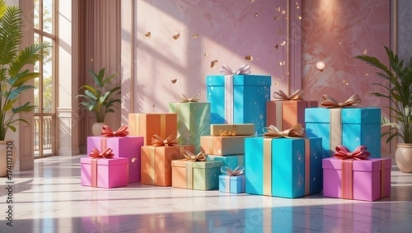 Fototapeta Colorful Assortment of Wrapped Gifts with Ribbons and Bows in a Bright Elegant Indoor Setting