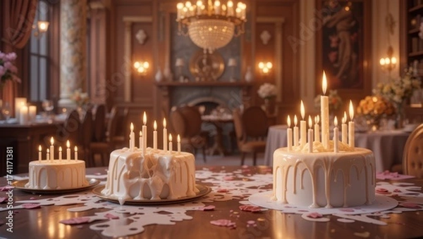 Fototapeta Elegant Cakes with Dripping Frosting and Lit Candles in a Beautifully Decorated Event Space