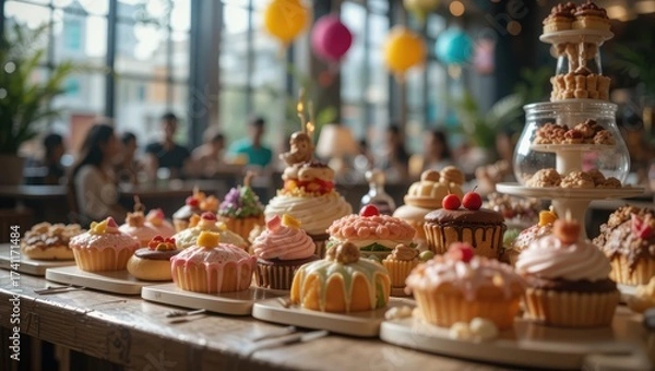 Fototapeta Colorful Display of Gourmet Cupcakes at a Bakery During a Festive Gathering with Guests