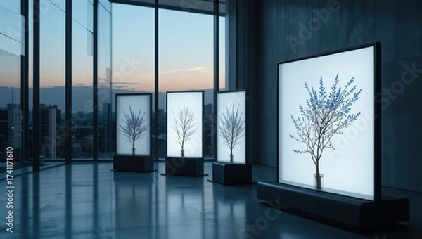 Fototapeta Artistic Installation of Illuminated Tree Silhouettes in Modern Gallery at Dusk