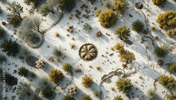Fototapeta Aerial View of a Snowy Landscape with Circular Patterns of Trees and Shadows on the Ground